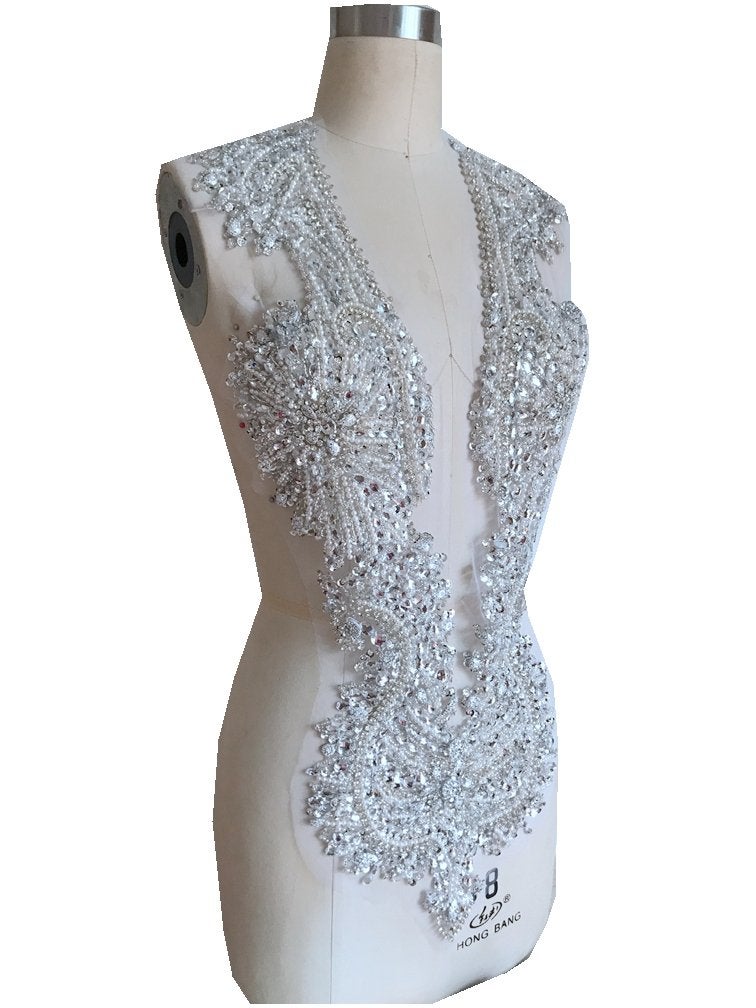 Zbroh 100% Pure Hand Sewing Rhinestones Sequins Applique on White mesh Silver Crystals Patches Wedding Dress Accessory 67x43 Cm - Image 2